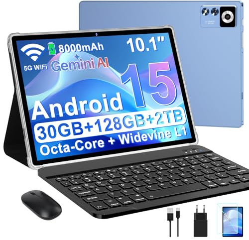 ZIOVO Tablette 10 Pouces Android 15,30Go RAM+128Go ROM (TF 2To)Tablet,5G WiFi Tablettes,Octa-Core 2.0 GHz/Gemini AI/Widevine L1/8000 mAh/BT 5.0/GPS/Face ID/2 en 1 Tablette avec Clavier et Souris-Bleu