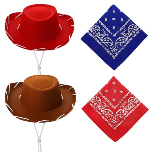 Partideal 4 Stück Cowboyhut Zubehör mit Paisley Bandanas für Kinder, Westernhut Cowgirl Cowboyhüte mit verstellbarem Gurt Cowboy Partyhüte für Mottopartys Reitpferde Reisen