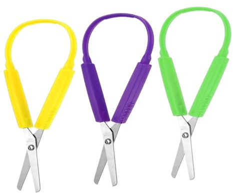 3 Pezzi Mini Forbici ad Anello, Adattivi Facili da Impugnare, Manici di Sicurezza, Lavoretti Quotidiani per Bambini con Bisogni Speciali a Scuola (Verde, Viola, Giallo)