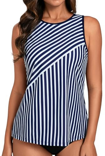 Hanna Nikole High Neck Tummy Control Swim Top Only,Blouson Bathing Swimsuit Top Only,Tankini Top for Women,Modest Sport Tank Top No Bottom Blue and White Stripes M