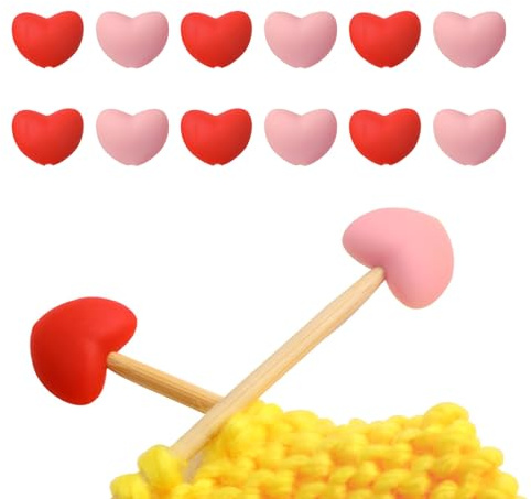 FOSDICK 12 Stück Herzen Maschenstopper Stricknadel Stopper, Maschenstopper für Stricknadeln, Silikon Nadelspitzenschutz Set für Häkeln Stricken DIY Basteln Strickzubehör Nadelschutz