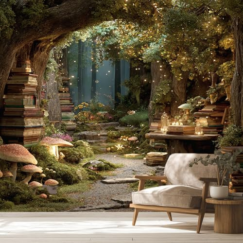 Generique Papier Peint Bibliothèque Panoramique Murale, Intissé Papier Peint Livre Fantasy Forêt Salon Chambre Cuisine, Bibliothèque Decoratif Mural 250 x 175 cm