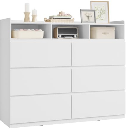 WOLTU Kommode, mit 6 Schubladen und 3 offenen Fächern | Moderner Schubladenschrank, für Schlafzimmer Wohnzimmer Flur, aus Holzwerkstoff, 120x40x100 cm, Weiß