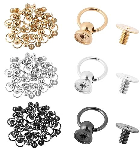 60 Set Leather Rivets, Screwback Round Head Rivets with Pull Ring, 3 Color 8mm Drive Rivets Studs DIY Accessory Screw Rivets for Leather Craft Purse Phone Case Handbag Clothes(Gold Silver Black)