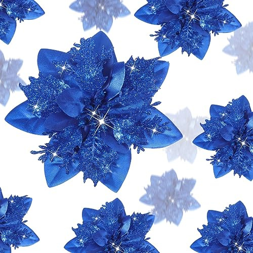 24 stelle di Natale artificiali glitterate, fiori di stella di Natale artificiali, decorazioni per albero di Natale, ornamenti con clip per bomboniere, 15,2 cm, 10,2 cm, 7,6 cm (blu reale)