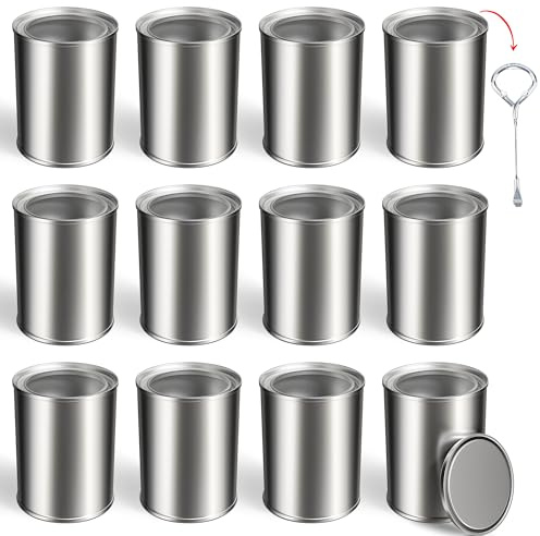 12PCS Empty Paint Cans with Lids, 1 Quart Metal Unlined Paint Bucket, Small Round Paint Storage Containers for Leftover Paint, Arts Crafts, DIY Projects, Painting (Silver, 2 Pint)