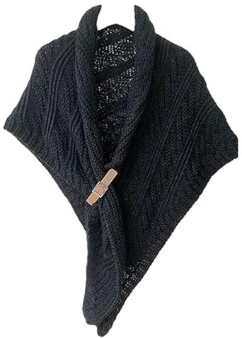 Samuliy Gestrickter Dreieck-Schal | Winterschal für Frauen | Herbst Winter Häkeln Stricken Dicker Damen Lose Dreieck Schal mit Kunstlederschnalle, Schwarz , 1