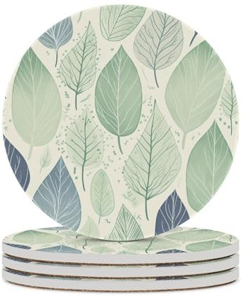 Untersetzer mit Pflanzenbaum-Blatt-Druck, Keramik-Untersetzer für Getränke, Set mit 4 hitzebeständigen, runden Tassenmatten, Pad, Bar-Untersetzer mit Korkboden für Küche, Zuhause, Küche, Party,