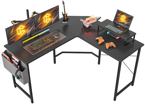 CubiCubi Gaming Tisch Eckschreibtisch 150x120cm, Schreibtisch mit Monitorständer und Seitlicher Aufbewahrungstasche, Gaming Schreibtisch L Form, Computertisch, Schwarz