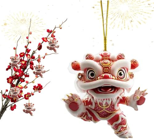 Yuemeuy Ornement Acrylique de Lion Chinois, décoration Pendentif de Lion Chinois 2D | Pendentif 2D de Danse du Lion du Nouvel an Chinois,Ornement Plat pour Festival de Printemps, Pendentif Rustique