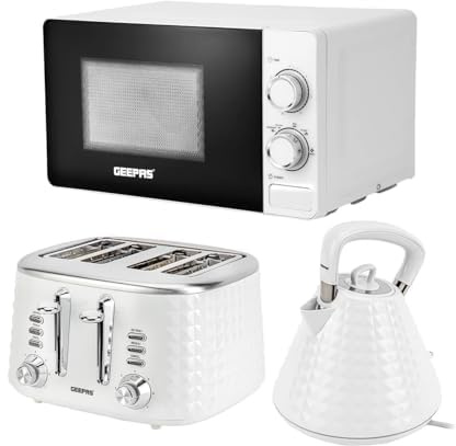 Geepas Electric Kettle 4 Slice Bread Toaster & Microwave Kitchen Set | 3000W 1.5L Traditional Pyramid Kettle 1750W Toaster with 7 Level Browning Control | 700W Solo Manual Dial Microwave 20L | White
