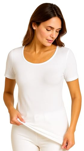 Liabel - 2 T-shirts en coton chaud pour femme (lot de 2) - T-shirts d'hiver à manches longues ou courtes, sous-vêtements blancs ou noirs, taille S-XL, Large