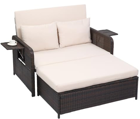 VINGLI Patio Daybed, Wicker Outdoor Daybed with Storage Ottoman & 5-Level Adjustable Backrest, All-Weather Rattan Cushioned Patio Loveseat Sofa for Garden Balcony Backyard (Beige, Brown)