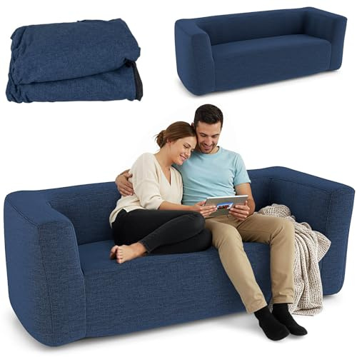 RELAX4LIFE Divano Gonfiabile a 2 Posti, Portatile con Copertura Rimovibile, Braccioli Larghi e Seduta Spaziosa, Mobili Gonfiabili per 2 Persone per Soggiorno, Campeggio (BLU)