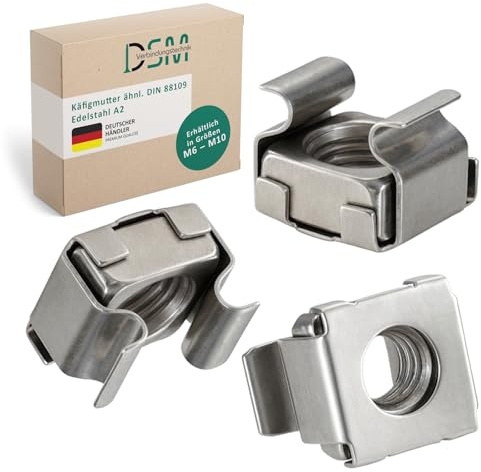 DSM – Tuercas enjauladas M8 – Grosor de chapa 1,8 – 3,2 mm – Similar a DIN 88109 – Acero inoxidable A2 – Antióxido y anticorrosión – Tornillos para rack – para armarios de red, cajas electrónicas