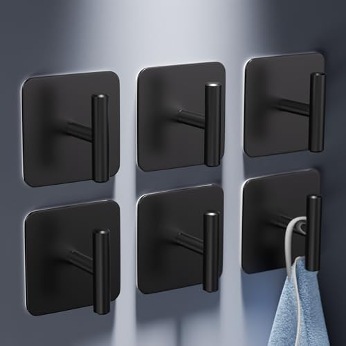 Aikzik Handtuchhalter ohne Bohren, 6er Set - Edelstahl Badezimmer Handtuchhalter, Klebehaken extra stark, Wasserfeste Handtuchhaken, Selbstklebend Haken für Bad und Küche -Schwarz