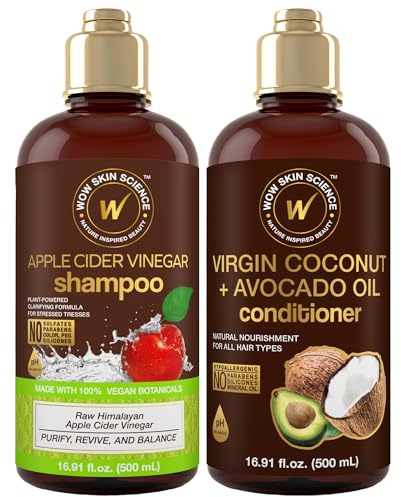 WOW Skin Science Apple Cider Vinegar Shampoo & Conditioner Set With Coconut & Avocado Oil - Gentle Set - Hair Growth Shampoo For Thinning Hair & Loss (Brown, 16.9 Fl Oz (Pack Of 2))
