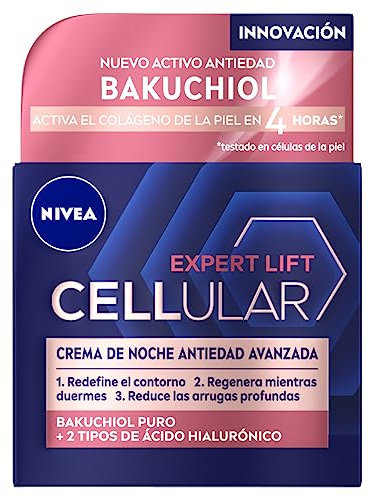 NIVEA Cellular Expert Lift Crema de Noche Antiedad Avanzada (1 x 50 ml), crema facial de noche con bakuchiol puro, crema antiarrugas con ácido hialurónico, crema antiedad