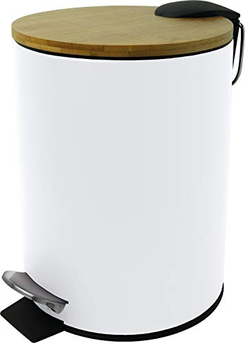Helit H2404405 The Bamboo Poubelle à pédale avec couvercle en bambou, récipient en métal, fermeture silencieuse, blanc, 1 pièce