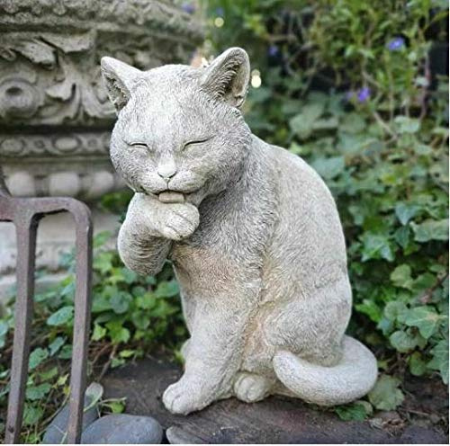 Statue de chat Preening | Décoration de jardin en béton en pierre reconstituée