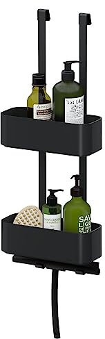 Tiger 2-Store Duschkorb doppelt, Duschablage ohne Bohren, zum Hängen auf die Duschwand, Duschregal mit Ablage für Duschgel & Co., mit integriertem Haken, Edelstahl, Kunststoff, Farbe: Schwarz