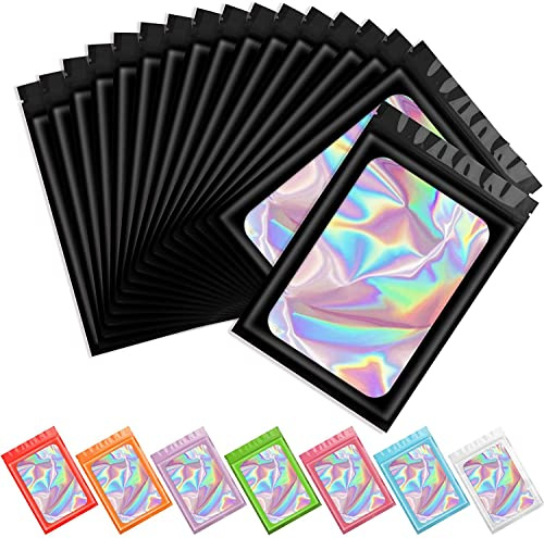 ARTCUT 100 Pcs Holographic Bags Black Mylar Bags Smell Proof Bag(3 * 4.7) | Smell Proof Bags, Cute Small Plastic Bag, Small Resealable Holographic Pouches for Gifts, Jewellery and General Packaging