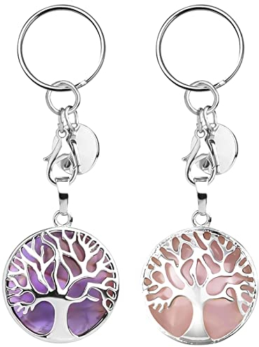 Juan Llavero Árbol de Vida con 2 Piezas Piedras Preciosas Naturales Chakras, Piedras Curativas Reiki, Amuleto de Suerte, Decoración para Accesorios, Morado, Rosa