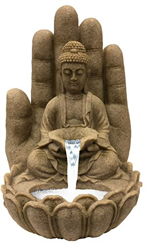 Brunnen Buddha Calm Sandstein-Optik, aus Polyresin inkl. Pumpe und LED | Deko-Wasserbrunnen für Garten, Terrasse & Zimmer | Wasserspiel für In- und Outdoor