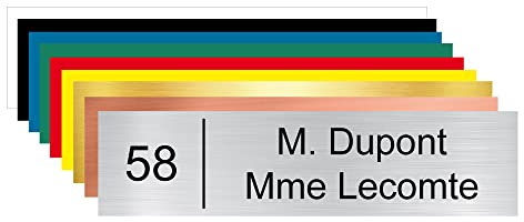 Plaque boîte aux lettres personnalisable. (BAL0004). Numéro Maison + Nom. Plaque nominative PVC 10 x 2,5 cm autocollante - Aspect argent brossé - Arial