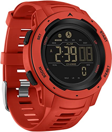findtime Schrittzähler Armbanduhr Rot mit Kalorien 5ATM Wasserdicht Timer Stoppuhr, Fitness Herrenuhr Digital Militär Tactical Uhr Duale Zeitzone Sport Outdoor für Männer Jungen
