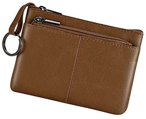 Münzgeldbörse aus echtem Leder, dreifacher Reißverschluss, Kartenhalter mit Schlüsselring, braun, Münztasche