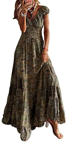 ABYOVRT Robe Maxi D'été pour Femme Bohème Robe de Vacances Col V à Fleur Manches Courtes Robe de Soiree Party Plage(Café,M)