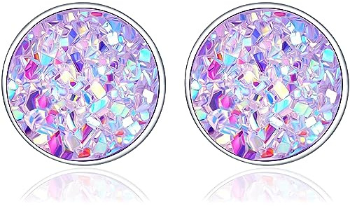 Orecchini a bottone rotondi per donna - Orecchini in argento sterling 925 con zirconi colorati, orecchini bohémien con pietre colorate glitterate Orecchini a bottone piatti rotondi