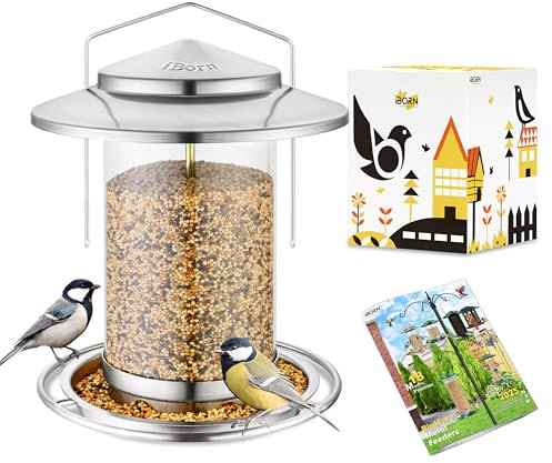 iBorn Metal Bird Feeder for small birds, Easy Clean, Hanging Bird Seeds With Gift Box, 3-Second Refill Bird Feeder, Nickle 6 Port (Seed is not Included)