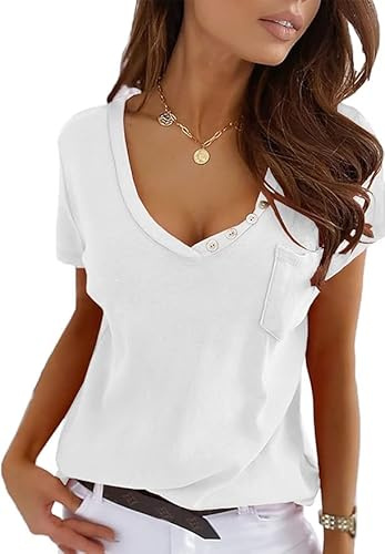 Imily Bela T-Shirt Femme à Manches Courtes avec col en V, Sexy, Estivale, en Tunique, décontractée, Blanc, X-Large