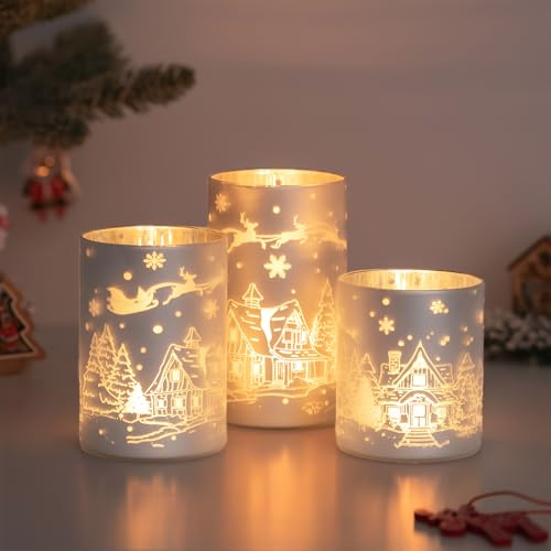 Windlicht Weihnachten Weiss Weihnachtsdeko Innen: Hewory 3er Set Kerzenhalter Glas Tischdeko Weihnachten Deko Hirsch Teelichthalter