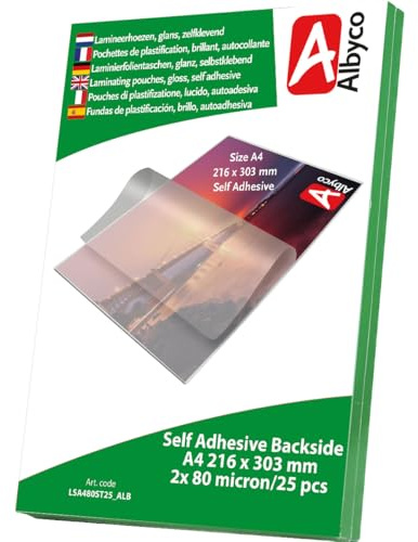 Albyco Självhäftande lamineringspåsar - lamineringspåsar A4 (216 x 303 mm) – glänsande – tjocklek 2 x 80 (160) mikroner – 25 stycken – lamineringsark – lamineringspåsar