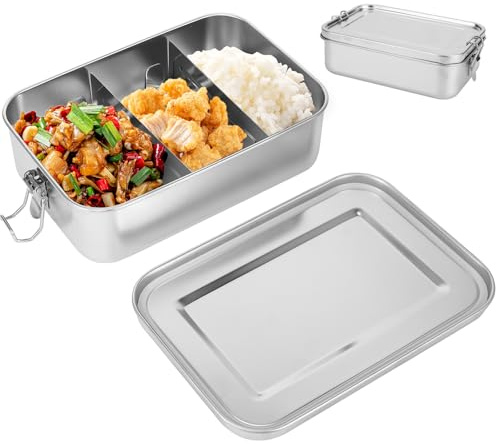 Palmcee Lonchera de acero inoxidable, 1400 ml, lonchera de metal con 2 compartimentos, caja bento para ensalada de sándwich, sin BPA, a prueba de fugas, lonchera de acero inoxidable para niños