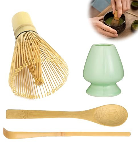 Juego de 4 Escobas Matcha de Bambú Con Batidor de Té Verde - Set de Iniciación Con Cuchara, Pala y Soporte Para Accesorios de Ceremonia del Té