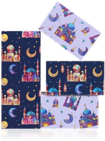 Eid-omslagspapper, 4 ark färgglada moské måne stjärna ramadan Eid Mubarak Eid al-Fitr Al-Adha omslagspapper rosa blå lila islamiska helgdagar presentpapper för islamiska muslimska festfavoriter, 70 x