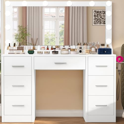 TEENFON Dressing Table with Large Mirror and 12 LED Lights, Vanity Desk with 7 Drawers & Hairdryer Holder, Vanity Table Makeup Desk for Women, Girls, 3 Lighting Color Adjustable, White