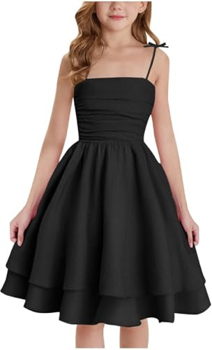Kids Girl's Summer Dresses Slip Spaghetti Straps Swing Pleated Adjustable Cute Fashion Teenager Girls CCami Dress Age 7-12 Years Comfy Casual Formal Party Birthday Vacation (b-Black, 12 Years)