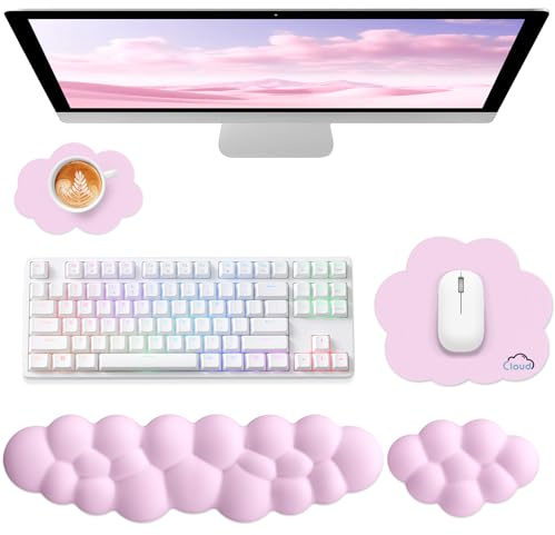 Sushret Cloud Wrist Rest for Computer Keyboard, 4-in-1 Memory Foam Leather Cloud Keyboard Wrist Rest and Mouse Pad Set with Ergonomic Support for Arm and Palm Cushion, Gaming/Work Setup, Pink