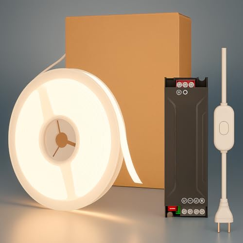 MAKA Striscia Led Cob Adesiva 10 metri, Striscia LED Esterno 24V Alta Luminosità, 280 Luci al Metro - Ip68 Impermeabile - 15W/m, Luci Led Camera da Letto (Con trasformatore, Luce naturale (4000K))