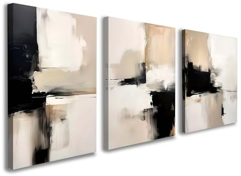 Galmcook Leinwand Bilder mit Rahmen 3er Set – Wandbild 30x40 cm, Abstrakte moderne Bilder Wohnzimmer in Beige Schwarz Weiß, Kunstdruck auf Leinwand mit Haken und ohne Spuren Nägeln