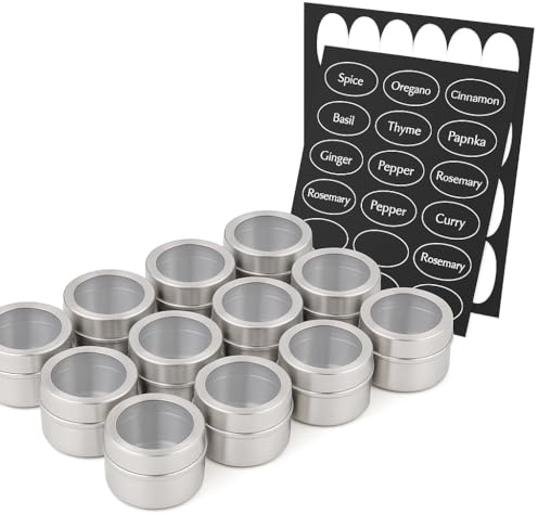 12 Magnetic Spice Jars with Clear Lids & 120 Black Spice Labels – Stainless Steel Empty Spice Tins for Fridge, Microwave, or Stove – Herb & Spice Storage Containers