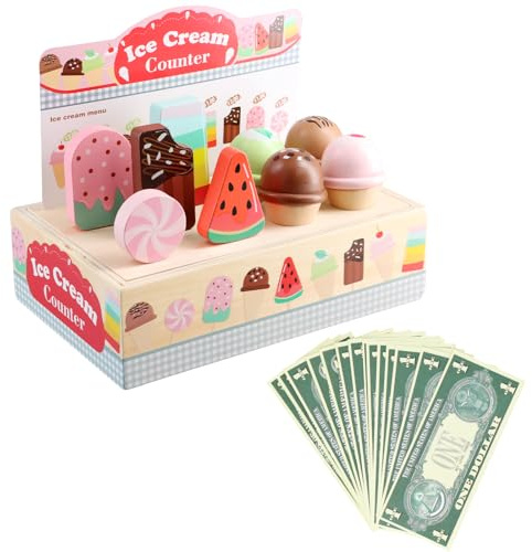 Eisdiele Kinder Holz, EIS-Spielzeug für Kinder, Holzspielzeug Küche Zubehör mit Spielgeld Münze, Eisdiele Montessori Spielzeug, Spielküche Rollenspiele für Kind Mädchen Jungen 3 4 5 Jahren