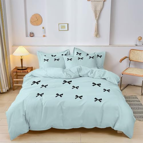 ViblyCoz Light Blue with Black Bows Single Bed Duvet Cover Set 3 Piece Bedding with 1 Duvet Cover 135x200cm and 2 Pillowcases
