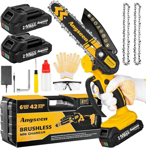Mini Tronçonneuse Brushless 6 Inch, Scie Électrique Sans Fil avec 2 Batteries et Chaînes, Petite Tronçonneuse avec Verrou de Sécurité pour la Coupe du Bois et l'Élagage des Arbres, Adaptée aux Séniors