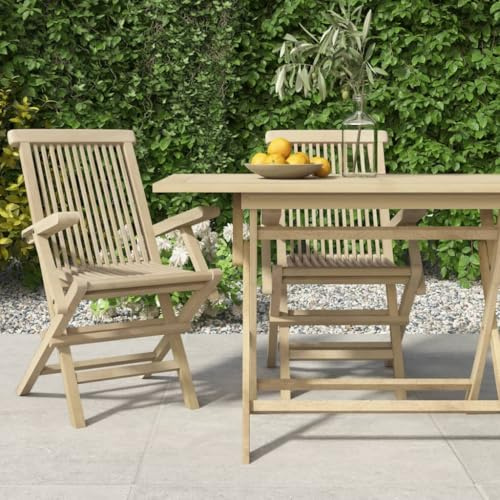 Bucmath Trädgårdsstolar set om 2 vikbara grå, 56 x 61 x 89 cm, teak i massivt trä, väderbeständig, bekväma utomhusstolar för balkong och terrass, hållbara trädgårdsmöbler